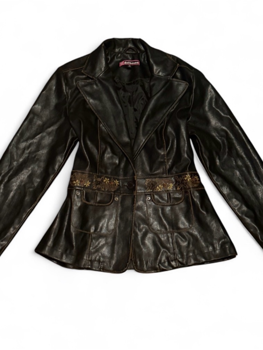 Vintage Dollhouse Brown Faux Leather Floral Embroidered Blazer